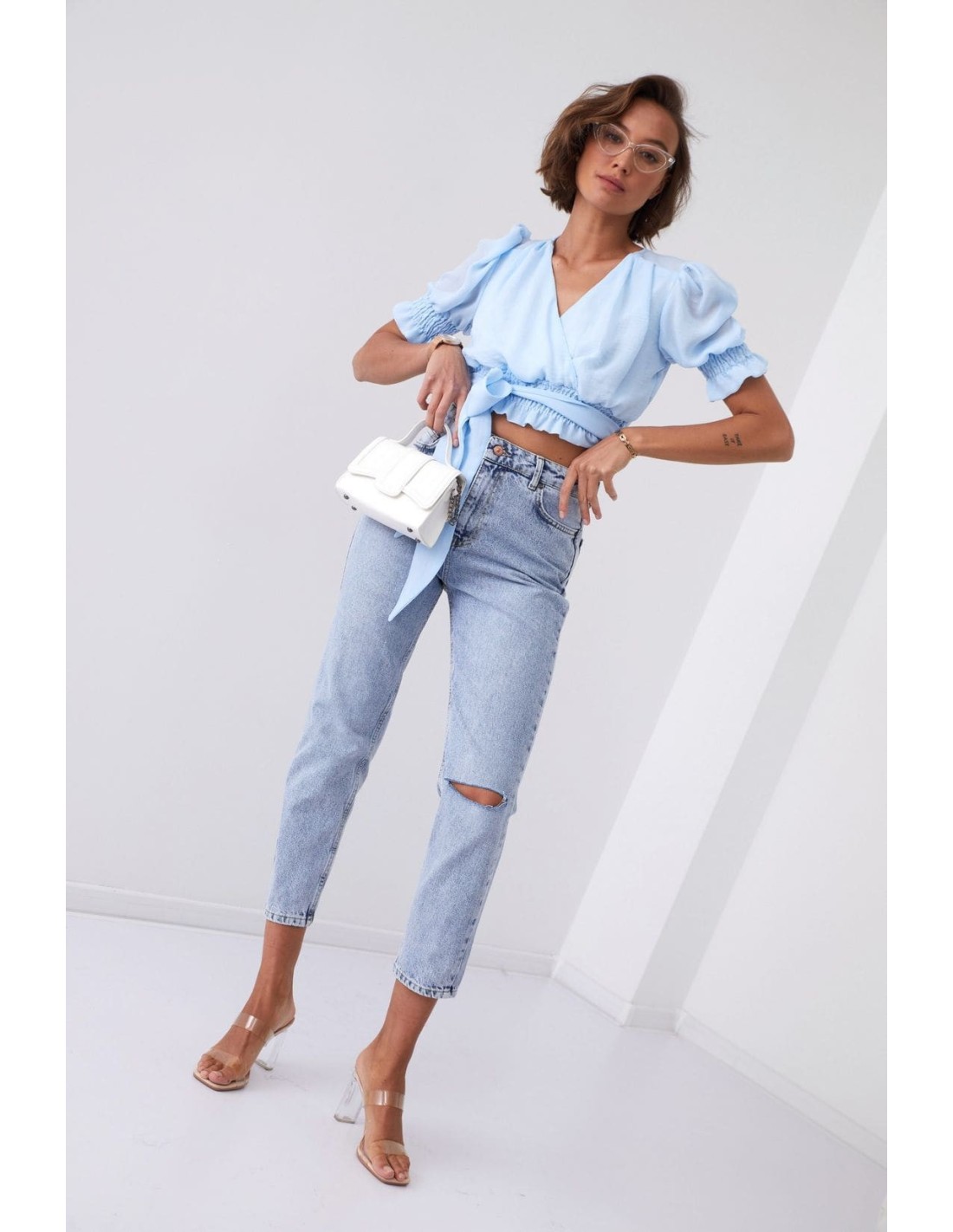 Short blouse with a belt, blue 20580 - Online store - Boutique